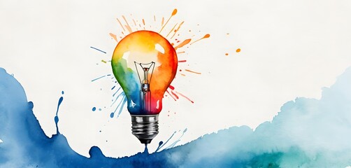 A light bulb is depicted surrounded by vibrant watercolor splashes on a white background, resembling a piece of art