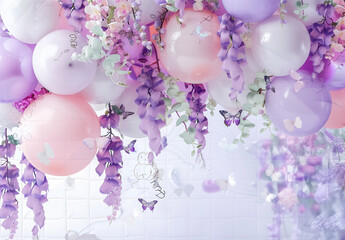 Colorful balloons and wisteria flowers on a white background. At the heart of the composition are clusters of pastel-colored balloons in soft shades of pink, lavender, and white. party concept. 
