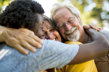 diverse people huggin helping each other.