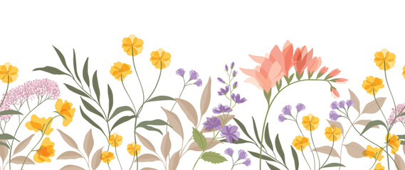 Fototapeta na wymiar Spring floral art background vector illustration. Watercolor hand painted botanical flower, leaves, insect, butterflies. Design for wallpaper, poster, banner, card, print, web and packaging.