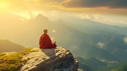 A monk meditating on top of a mountain, symbolizing the purification of the mind