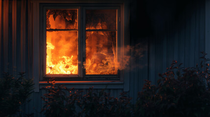 Windows of the burning house. Fire in the house. Burning building in the flames of fire at night