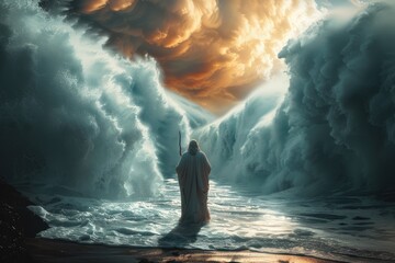 Biblical miracle: back view of moses dividing the sea with his stick, giant walls made of water waving, depicting a powerful christian symbol of divine intervention and faith from the old testament. - obrazy, fototapety, plakaty