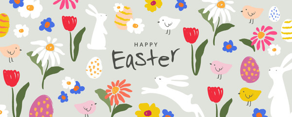 Happy Easter banner. Trendy Easter design with typography, hand painted pattern with spring flowers, egg, chick and Easter bunny. Modern art style. Horizontal poster, greeting card, header for website