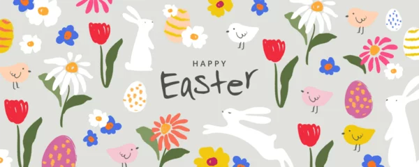 Peel and stick wall murals Graffiti collage Happy Easter banner. Trendy Easter design with typography, hand painted pattern with spring flowers, egg, chick and Easter bunny. Modern art style. Horizontal poster, greeting card, header for website