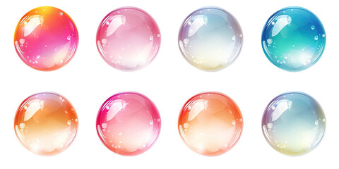 Set of realistic transparent colorful soap bubbles on white or transparent background