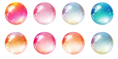 Set of realistic transparent colorful soap bubbles on white or transparent background