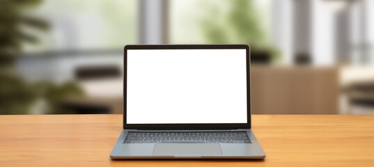 Laptop computer on desk at office or co-working space, Laptop with white blank on screen and blurred background , working space concept.