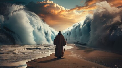 Biblical miracle: back view of moses dividing the sea with his stick, giant walls made of water waving, depicting a powerful christian symbol of divine intervention and faith from the old testament. - obrazy, fototapety, plakaty