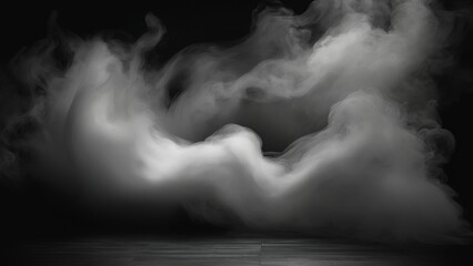 Mystical mist. Swirling smoke in dark and light symphony. Fluid fantasia. Abstract dance of fog and light on floor with black background - obrazy, fototapety, plakaty
