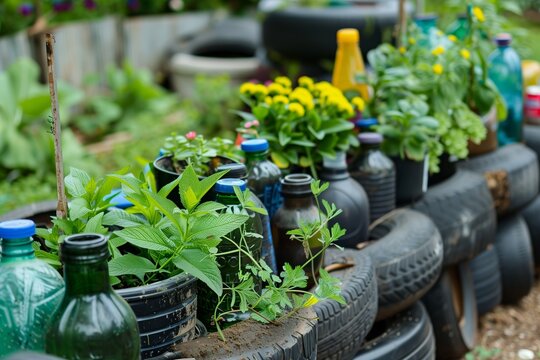 Recycled Items as Planters in Community Garden. A community garden showcases sustainability with old tires and plastic bottles repurposed as planters for a variety of plants.
