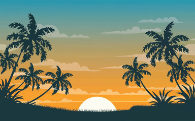 Fototapeta na wymiar Immerse yourself in the essence of summer with our captivating background featuring a stunning sunset and swaying palm trees. Let it evoke warmth and relaxation. 