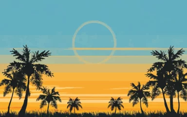 Poster Immerse yourself in the essence of summer with our captivating background featuring a stunning sunset and swaying palm trees. Let it evoke warmth and relaxation.  © Hogr