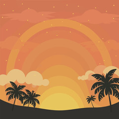 Fototapeta na wymiar Immerse yourself in the essence of summer with our captivating background featuring a stunning sunset and swaying palm trees. Let it evoke warmth and relaxation. 