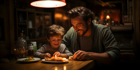 Father and Son Smiling and Enjoying the Moment Together - obrazy, fototapety, plakaty