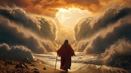 Biblical miracle: back view of moses dividing the sea with his stick, giant walls made of water waving, depicting a powerful christian symbol of divine intervention and faith from the old testament.