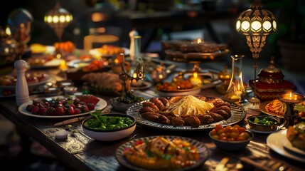 Naklejka premium Traditional Turkish and Greek dinner appetizer table with assorted dishes. Selective focus.