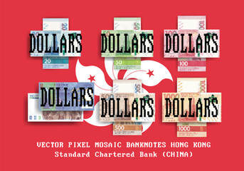 Vector set of pixel mosaic banknotes of Hong Kong Standard Chartered Bank. China. Collection of notes in denominations of 20, 50, 100, 150, 500 and 1000 dollars. Play money or flyers. - obrazy, fototapety, plakaty