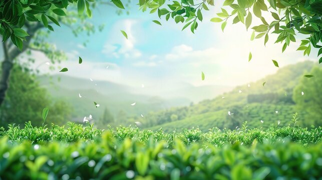 nature, tea plantation, green tea garden background with flying leaves