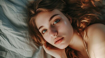 Naklejka premium Intimate close-up of an attractive woman resting on the bed.