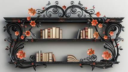 Art Nouveau-inspired wrought iron bookshelf with intricate floral motifs and elegance on transparent background. 