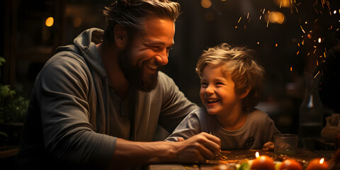 Cheerful Father and Son, Playing, Laughing and Enjoying Father-Son Moments - obrazy, fototapety, plakaty