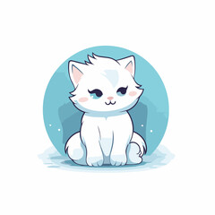 Cute white cat sitting on the floor. Cartoon vector illustration.