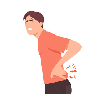 Illustration of a man character having waist or back pain. Problems with lumbar. Flat design