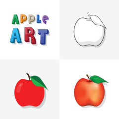 Apple art sketch, colouring page, flat and realistic apple fruit illustration for kids
