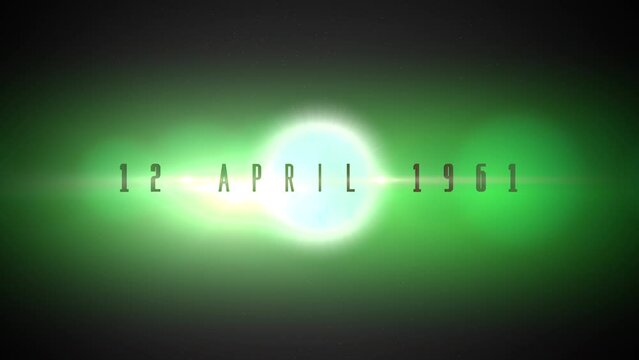 A beacon of green light emerges from darkness with 12 April 1961 date, embodying hope or rejuvenation. This image inspires optimism and the promise of new beginnings