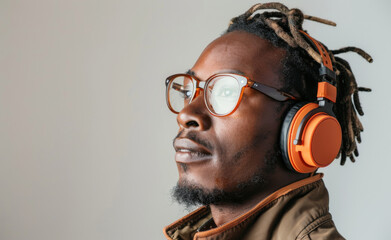 African american man dj enjoying music. Stylish young man with textured hair adjusting his...