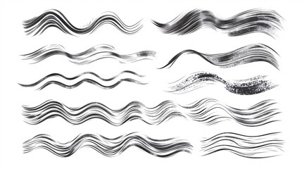 Collection of freehand graphite marks and curlicues. Charcoal blotches, crosses and twirls. Sketchy hand-drawn lines. Set of horizontal undulating marks. Jagged strokes with coarse edges.