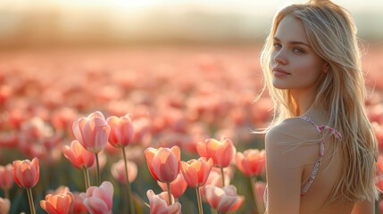 woman in the fields among the tulip fields - 743596029