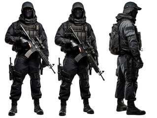 Set of black ops soldier with balaclava covered face on white or transparent background
