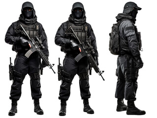 Fototapeta premium Set of black ops soldier with balaclava covered face on white or transparent background