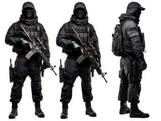 Set of black ops soldier with balaclava covered face on white or transparent background