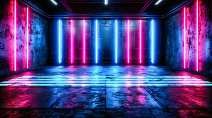 Futuristic Neon Room, Dark Space Illuminated by Bright Blue Light, Modern Design with Reflective...