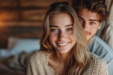 Adoring all aspects of her. Gorgeous pair connecting and grinning in the boudoir. - obrazy, fototapety, plakaty