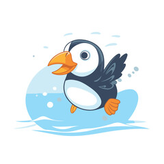 Cute cartoon penguin flying in the water. Vector illustration.