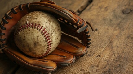 Vintage baseball and mitt on wooden backdrop.