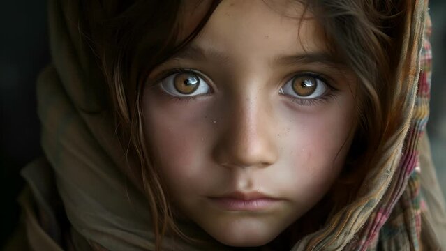 A young girl stares quietly at the camera her eyes revealing a deep sadness and longing for the home she was forced to leave behind, Close Up of a Child With Blue Eyes