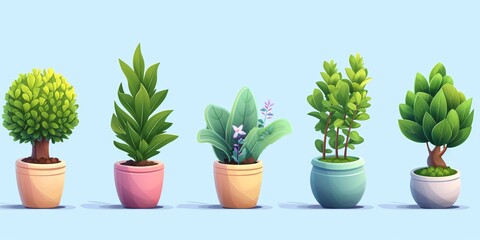 Set of 3D cartoon icons featuring potted plants, trees, and grass shoots.