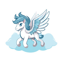 Cute cartoon Pegasus on the cloud. Vector illustration isolated on white background.