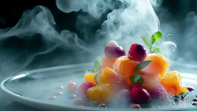 A burst of flavors and colors on a plate as vibrant fruits are transformed into a flaming masterpiece. The sear marks and wisps of smoke give a hint of the intense heat used