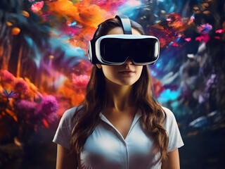 image of a person fully immersed in a mixed reality experience, using an AR/VR headset. They are interacting with a blend of digital and physical worlds, where virtual objects and information overlay 
