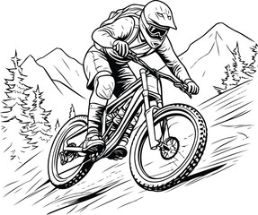 Mountain biker rider on the road. sketch vector illustration.