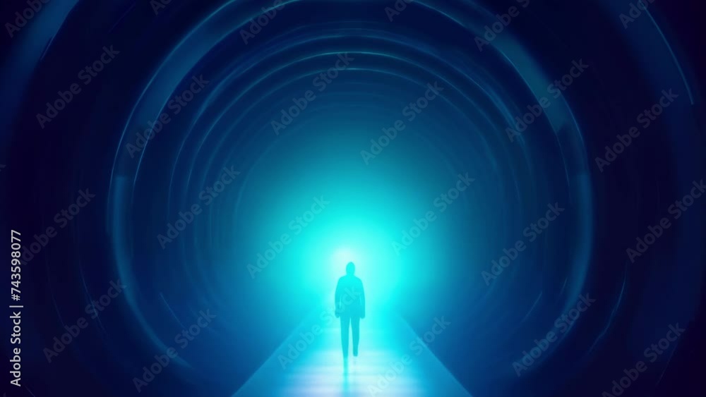 Poster a person walking through a dark tunnel with light gradually appearing as they progress to represent 