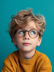 Intelligent young boy wearing glasses against colorful backdrop.
