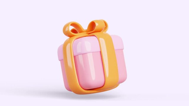 3d animation pink gift box with gold ribbon. Cartoon render icon of closed package with glossy bow isolated on background. Holiday surprise, present for birthday, wedding, valentine or mother day.