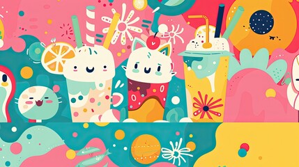 Fototapeta premium kawaii factory, charming character illustration, expressive mark-making technique, folk-art inspired drawing, minimalist, flat color, limited color palette